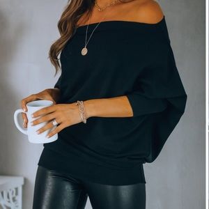 Black knit off shoulder women pullover sweater tops 
Pullover sweater 
Loose fit